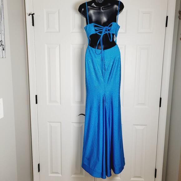 Sherri Hill Dress 00 Blue Prom Sequined Maxi High Slit Cut Out Lace Up Back - Picture 7 of 15